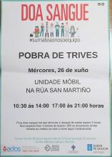 A Unidade Móbil para Doar Sangue estará este mércores, 26 de xuño, en Trives